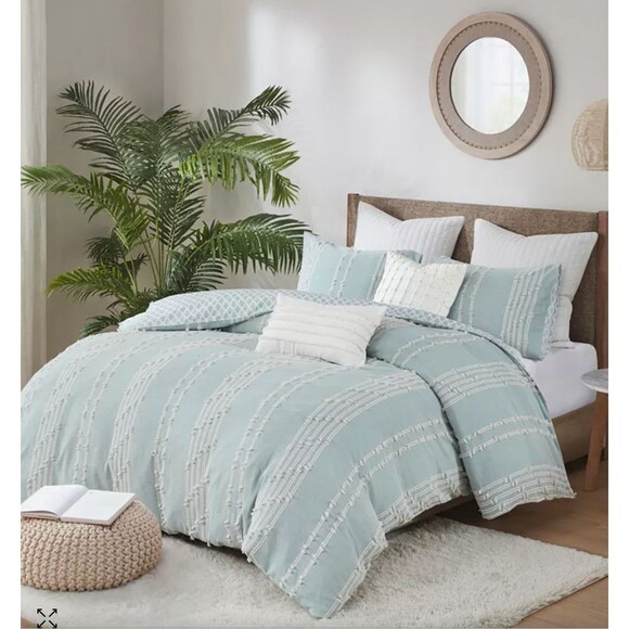 NIP $255 INK+IVY Duvet Cover Set 3pc FULL/QUEEN Kara Cotton Jacquard Blue Boho - Picture 1 of 7